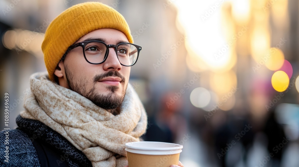 Young Man in Winter Attire Enjoying Hot Coffee Outdoors in Urban Setting Young Man in Winter Attire Enjoying Hot Coffee Outdoors in Urban Setting
