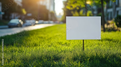 This image features a blank yard sign in lush green grass against a sunny city street. Its perfect for customizable signage, offering great engagement for personal or commercial use