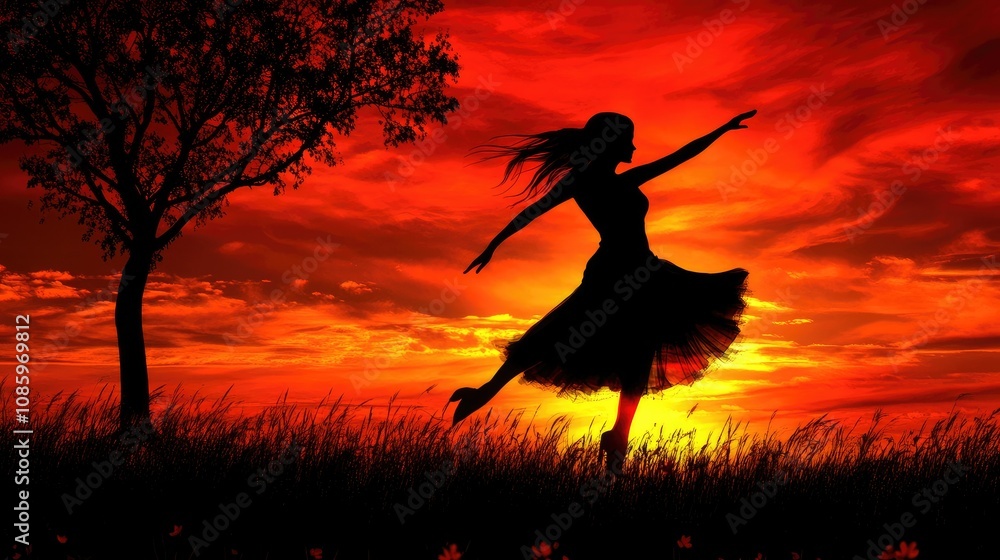 Silhouette of a Woman Dancing at Sunset Amidst Vibrant Red and Orange Skies Silhouette of a Woman Dancing at Sunset Amidst Vibrant Red and Orange Skies