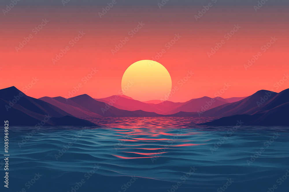 Serene Sunset Over Mountains and Calm Ocean Waters Serene Sunset Over Mountains and Calm Ocean Waters