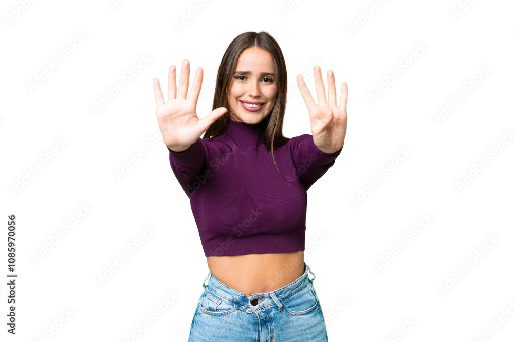 Young beautiful woman over isolated chroma key background counting nine with fingers Young beautiful woman over isolated chroma key background counting nine with fingers
