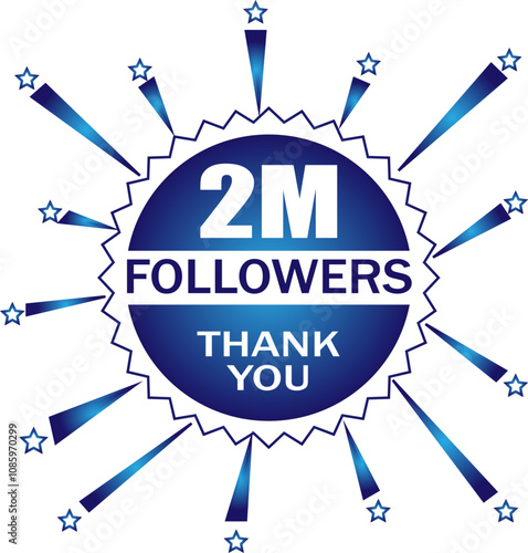 followers label badge with blue and white color theme. 
Vector greeting artwork isolated on a white background.