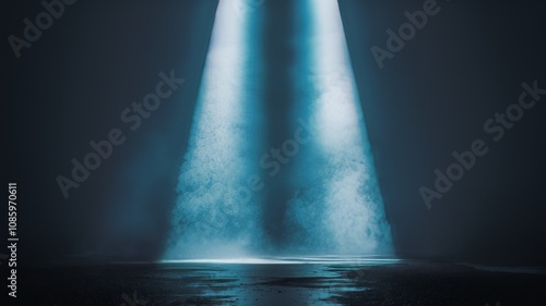 Wallpaper Mural Stage Lights and Smoke: Dramatic and moody, two powerful spotlights illuminate a stage enveloped in swirling smoke, creating an atmosphere of anticipation and mystery. Torontodigital.ca