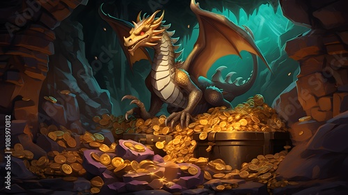 Fierce Dragon Protecting a Mountain of Gold Coins in a Glistening Lair