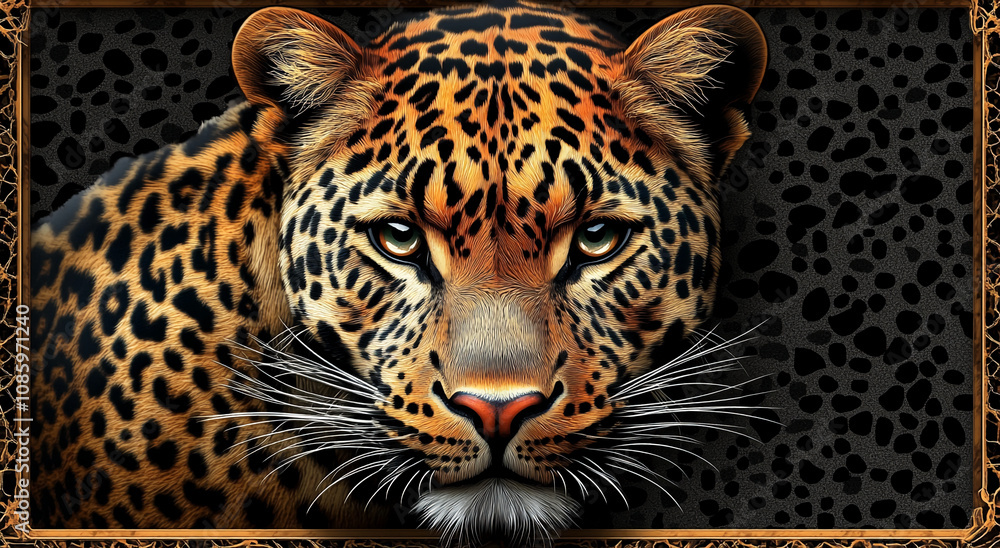 Obraz premium A detailed image of a leopard's face, showcasing its unique coat and intense gaze