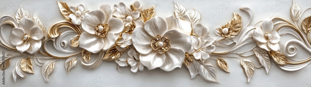 A gold and white floral design with a white background A gold and white floral design with a white background
