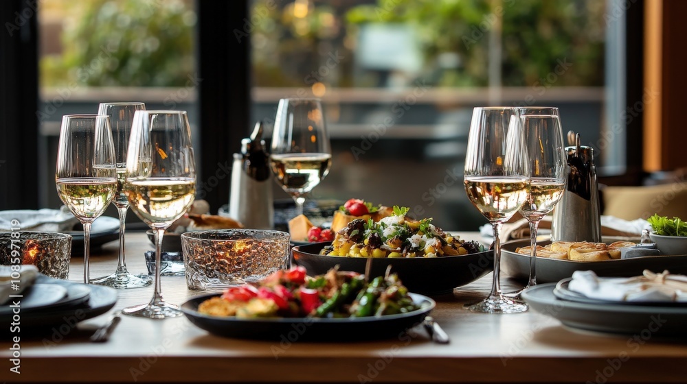 Fototapeta premium A Table Setting with Wine Glasses, Plates, and Food