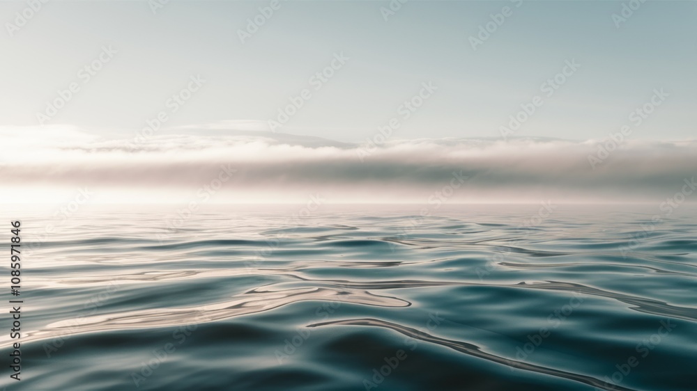 Obraz premium Serene Ocean Horizon: A captivating view of the ocean's surface stretching towards the horizon, shrouded in a misty haze under a soft, ethereal sky. 