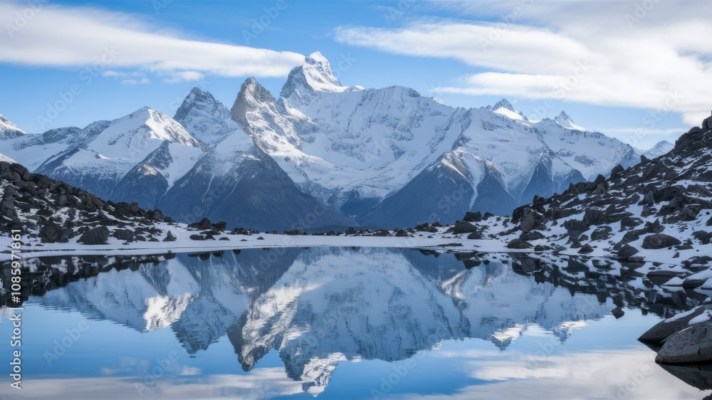 Majestic Peaks Reflection: Capturing the serene reflection of snow-capped mountains in a tranquil lake under a bright sky. Majestic Peaks Reflection: Capturing the serene reflection of snow-capped mountains in a tranquil lake under a bright sky.