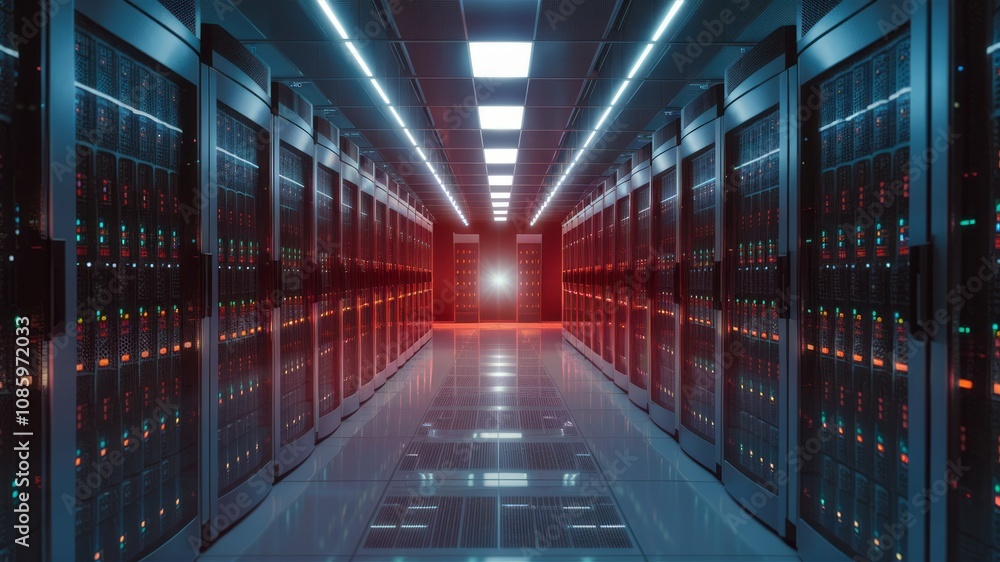 Data Center Corridor: a vast server room or data center, presenting rows of modern server racks with vibrant neon illumination creating a futuristic and dynamic environment. Data Center Corridor: a vast server room or data center, presenting rows of modern server racks with vibrant neon illumination creating a futuristic and dynamic environment.