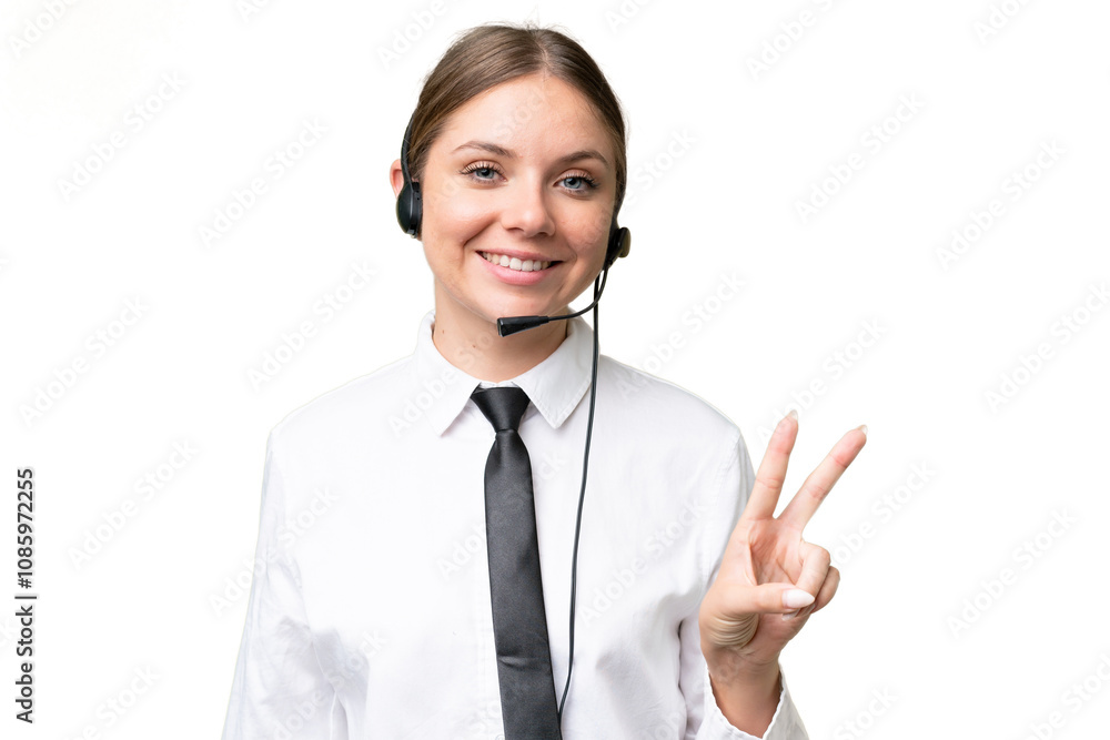 Telemarketer caucasian woman working with a headset over isolated background smiling and showing victory sign Telemarketer caucasian woman working with a headset over isolated background smiling and showing victory sign