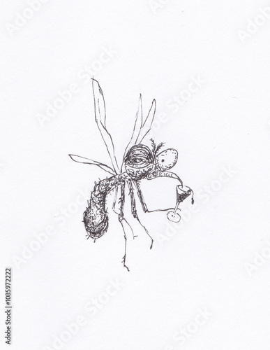 Pen and ink drawing of a drunk mosquito 