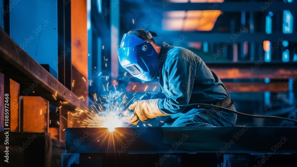 Sparks Fly: A skilled welder diligently works on metal structure, creating dazzling sparks of light. Sparks Fly: A skilled welder diligently works on metal structure, creating dazzling sparks of light.