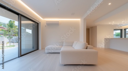 A living room with a white couch and a black sliding door