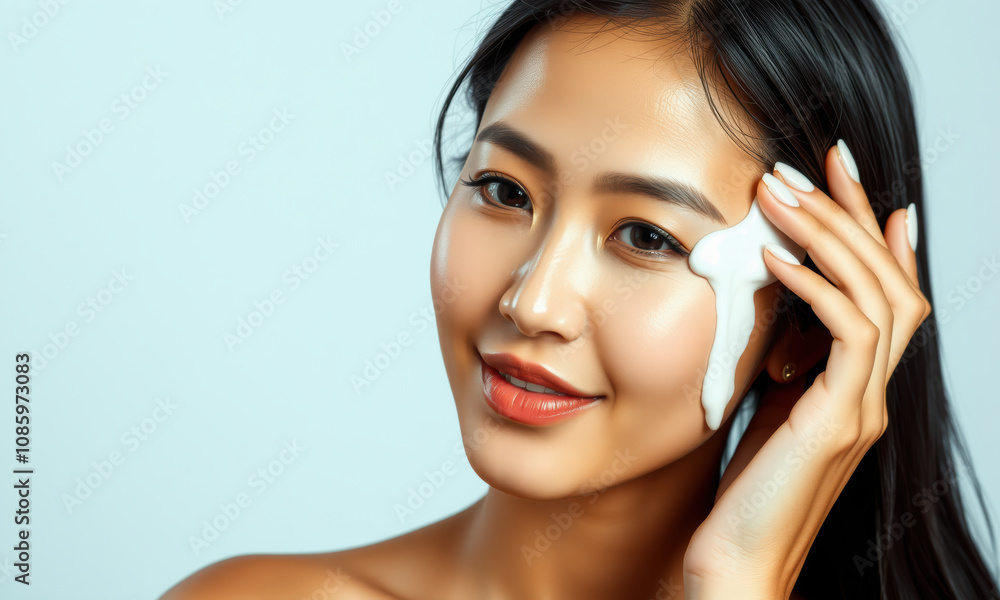 woman applying white cream to her face, showcasing skincare routine and beauty. Her skin looks radiant and healthy, reflecting sense of self care and confidence woman applying white cream to her face, showcasing skincare routine and beauty. Her skin looks radiant and healthy, reflecting sense of self care and confidence