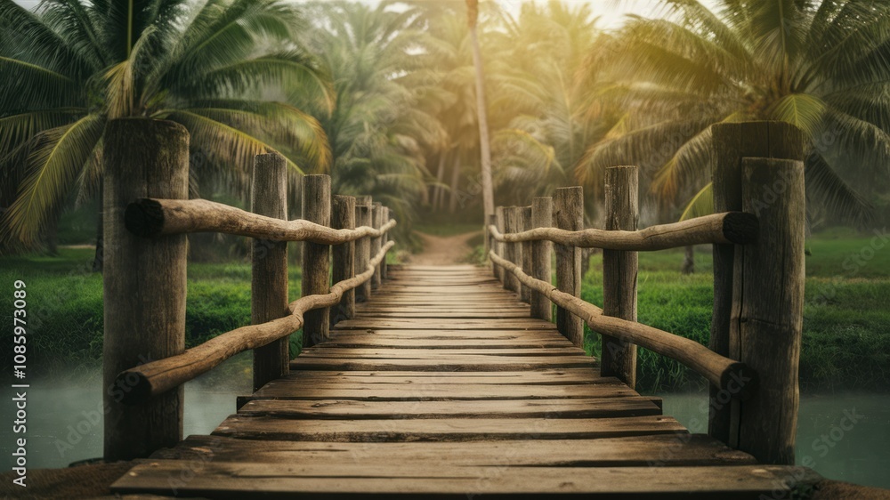 Fototapeta premium Wooden Bridge to Paradise: A rustic wooden bridge beckons the viewer, inviting exploration into a lush, tropical paradise, where palm trees stand guard under a warm, inviting sun.