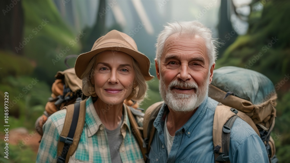 Journey of a Lifetime: A smiling senior couple, equipped with backpacks, stands amidst a lush forest, their faces radiating warmth and the joy of shared adventure. Journey of a Lifetime: A smiling senior couple, equipped with backpacks, stands amidst a lush forest, their faces radiating warmth and the joy of shared adventure.