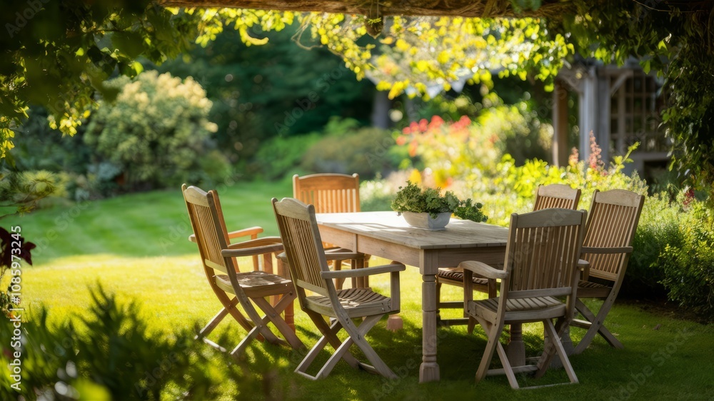 Tranquil Outdoor Dining: An inviting patio dining set nestled in a sun-dappled garden, promising relaxation and culinary delights. Tranquil Outdoor Dining: An inviting patio dining set nestled in a sun-dappled garden, promising relaxation and culinary delights.
