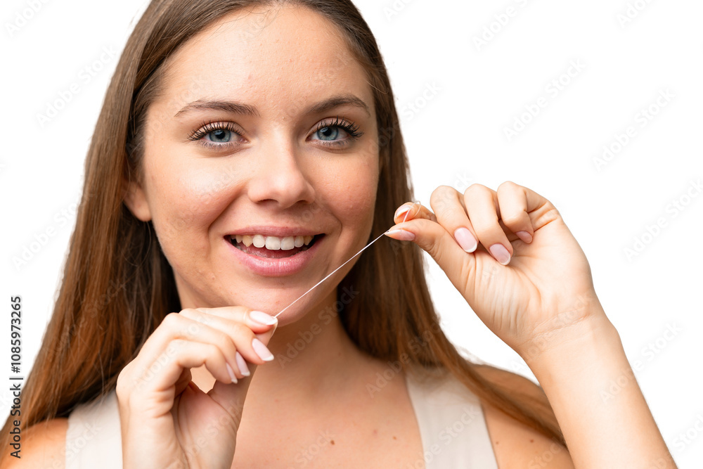Young blonde woman over isolated chroma key background using dental floss with happy expression. Close up portrait Young blonde woman over isolated chroma key background using dental floss with happy expression. Close up portrait