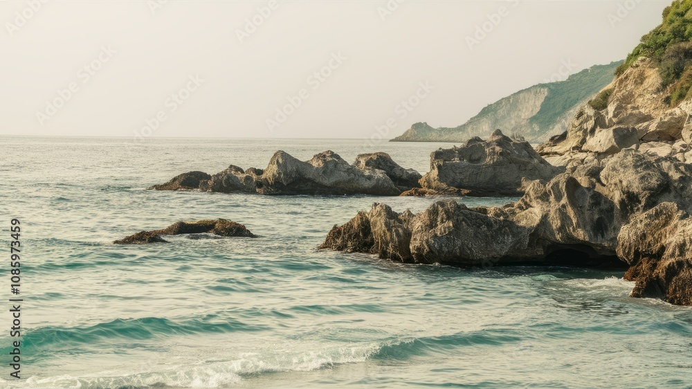 Fototapeta premium Coastal Serenity: The tranquil scene captures the rugged beauty of a rocky coastline, where the gentle sea meets the shore under a clear, overcast sky, conveying a sense of peace and natural elegance.