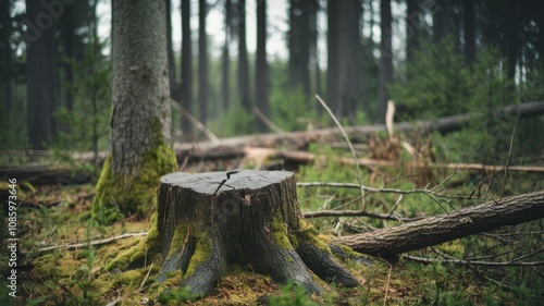 Wallpaper Mural Silent Witness: A weathered tree stump stands as a silent witness to the passage of time amidst a dense, verdant forest. Moss and fallen branches add to the natural, untamed beauty. Torontodigital.ca