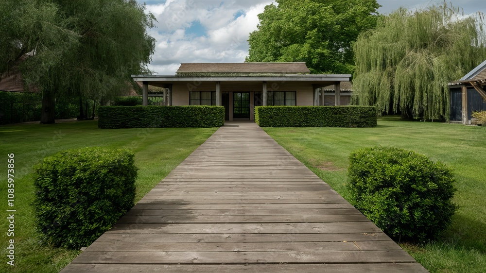 Wooden Walkway to Rustic House: A charming house, framed by lush greenery and a wooden walkway that leads towards its inviting entrance, creating a sense of peacefulness and serenity. Wooden Walkway to Rustic House: A charming house, framed by lush greenery and a wooden walkway that leads towards its inviting entrance, creating a sense of peacefulness and serenity.