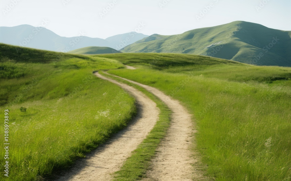 Winding Path to Horizon: A captivating view of a winding dirt path leading through a vibrant green field towards rolling hills and a hazy horizon, inviting a journey of discovery. Winding Path to Horizon: A captivating view of a winding dirt path leading through a vibrant green field towards rolling hills and a hazy horizon, inviting a journey of discovery.
