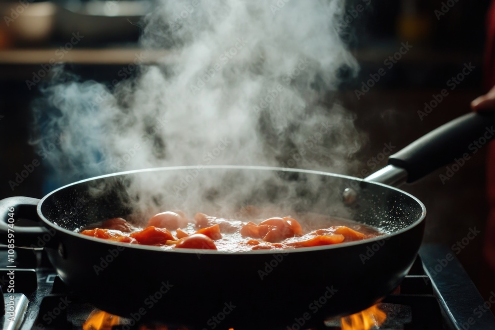A pan of food cooking on a stove, a common kitchen scene A pan of food cooking on a stove, a common kitchen scene