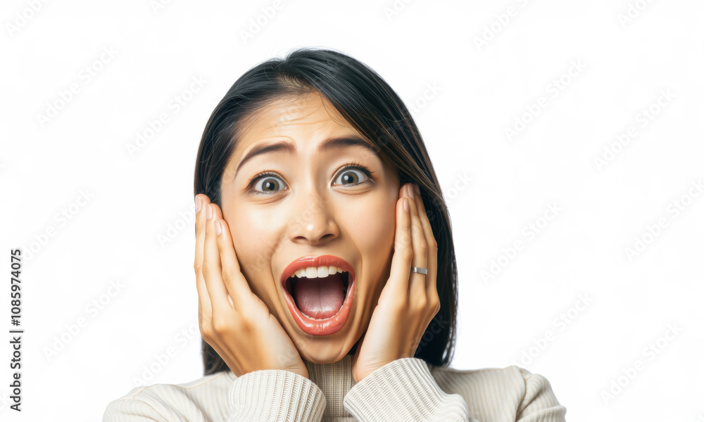 surprised woman with wide eyes and open mouth, expressing joy and excitement. Her hands are on her cheeks, showcasing moment of astonishment surprised woman with wide eyes and open mouth, expressing joy and excitement. Her hands are on her cheeks, showcasing moment of astonishment