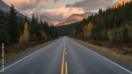Endless Road to Horizon: An empty, straight asphalt road stretches towards the distant mountains, framed by lush green trees, evoking a sense of journey and adventure.
