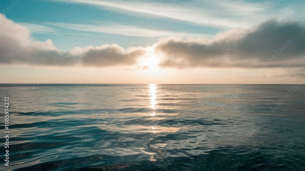 Fototapeta premium Serene Horizon: The tranquil expanse of the ocean meets the sky in a breathtaking display of natural beauty, with the sun breaking through the clouds, casting a warm glow on the water.