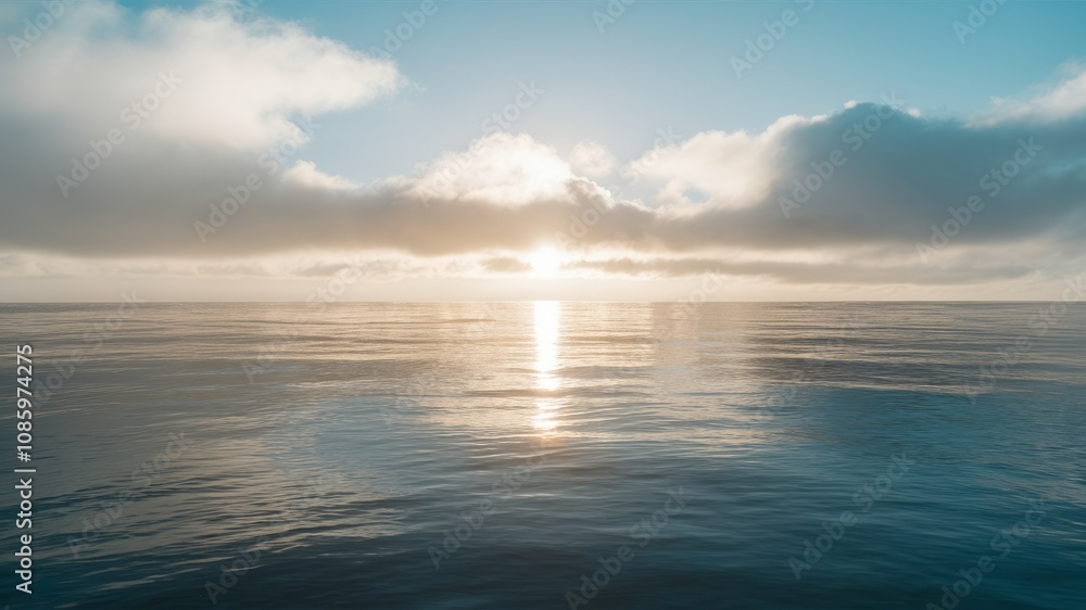 Obraz premium Tranquil Waters at Dawn: The sun ascends over the sea, a sight of peace, and the waters reflect the soft glow of the clouds above