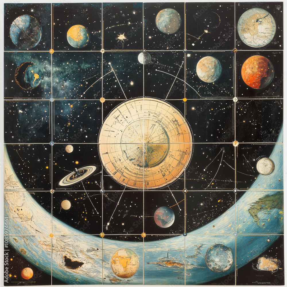 Naklejka premium illustration set of moon phases. Different stages of moonlight activity in vintage engraving style. Zodiac Signs. AI generated 