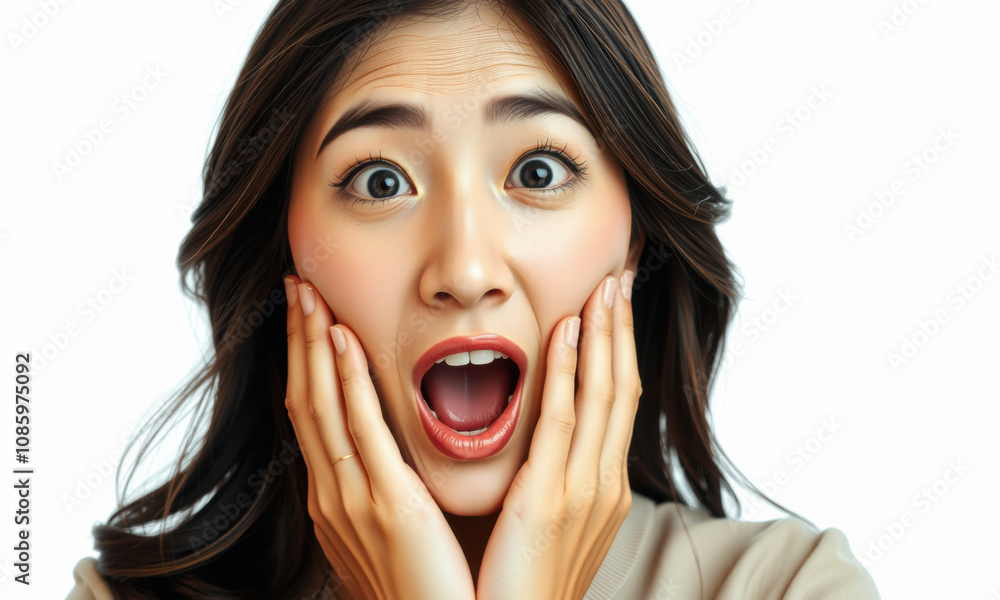 surprised woman with wide eyes and open mouth, expressing shock and astonishment. Her hands are on her cheeks, highlighting her emotional reaction surprised woman with wide eyes and open mouth, expressing shock and astonishment. Her hands are on her cheeks, highlighting her emotional reaction
