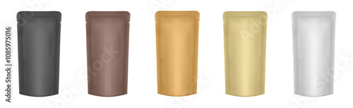 Set of realistic foil pouches. Flexible pet food bags. Black, brown, gold, beige and white foil bags. Plastic sachet for coffee, candy, shack or nuts. Dog food pouch