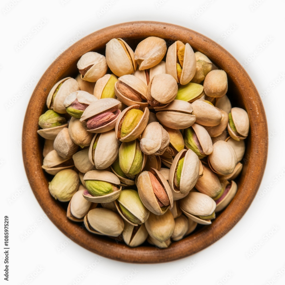 Pistachios in a Rustic Bowl: A top-down view showcases a full bowl of vibrant pistachios, their shells partially open, inviting a closer look. Pistachios in a Rustic Bowl: A top-down view showcases a full bowl of vibrant pistachios, their shells partially open, inviting a closer look.