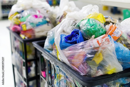 A shopping cart filled with plastic bags, possibly from a grocery run or retail store