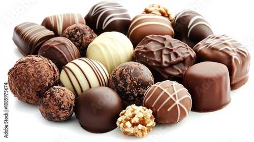 Assorted chocolate truffles with decorative patterns.