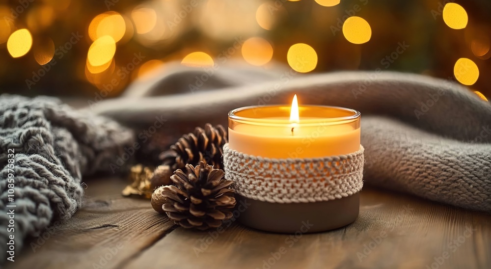 A candle with knitted edges is placed on the wooden table A candle with knitted edges is placed on the wooden table