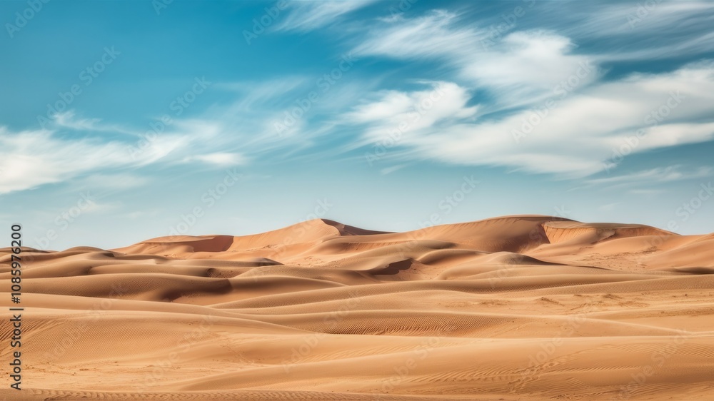 Fototapeta premium Desert Dunes Under a Blue Sky: The expansive desert landscape unfolds, the rolling sand dunes sculpted by the wind, bathed in warm sunlight, as a vast, azure sky stretches above.