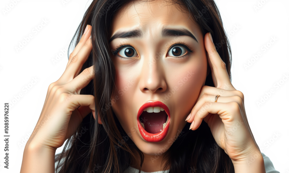 woman expressing surprise and shock with wide eyes and open mouth, hands on her head. Her vibrant red lips contrast with her natural makeup, conveying strong emotions woman expressing surprise and shock with wide eyes and open mouth, hands on her head. Her vibrant red lips contrast with her natural makeup, conveying strong emotions