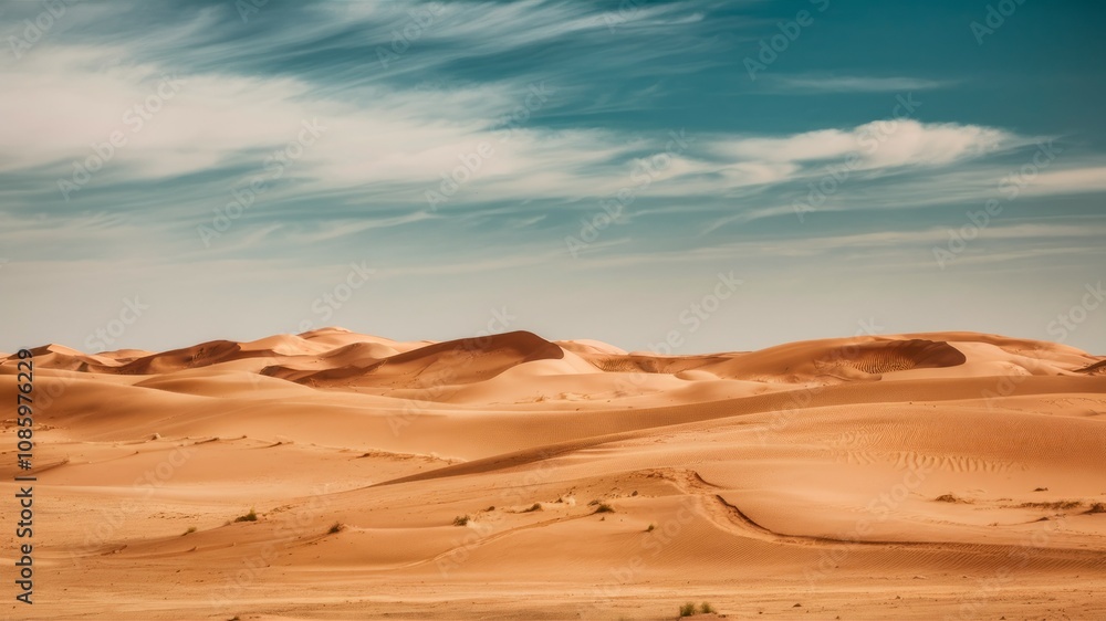 Desert Sands and Sky: An expansive vista of undulating desert dunes stretches towards the horizon beneath a dynamic sky of blue and cloudscape. Desert Sands and Sky: An expansive vista of undulating desert dunes stretches towards the horizon beneath a dynamic sky of blue and cloudscape.