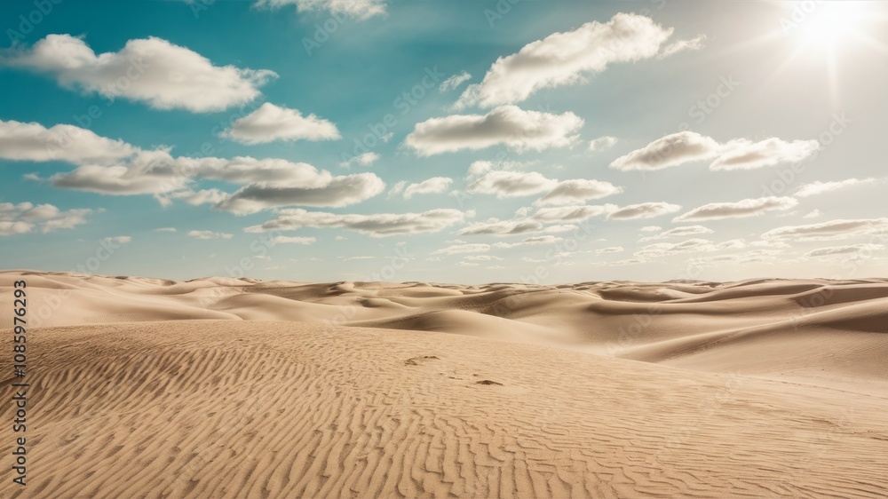 Naklejka premium Desert Vista: A vast, undulating expanse of sand dunes stretches towards the horizon under a bright, sunny sky adorned with fluffy clouds. This evokes a sense of both desolation and beauty.