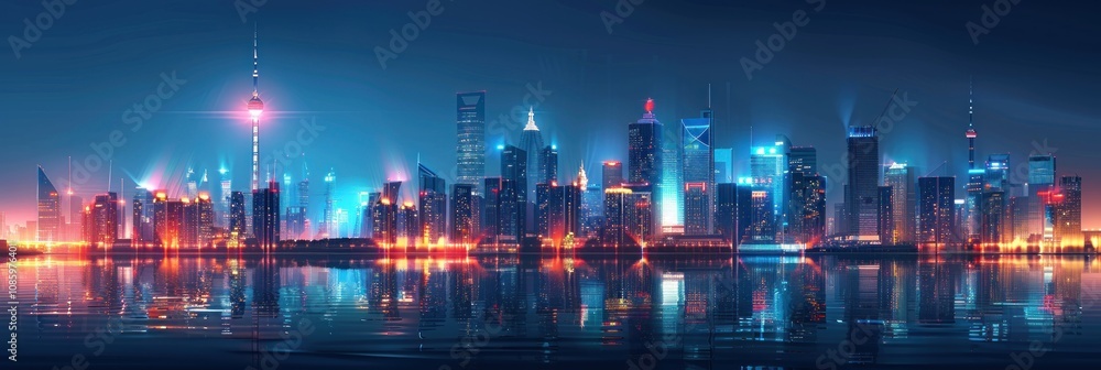 Futuristic neon city skyline with glowing lights and reflection in water at night. Abstract illustration of modern urban landscape, technology, and science fiction. Futuristic neon city skyline with glowing lights and reflection in water at night. Abstract illustration of modern urban landscape, technology, and science fiction.