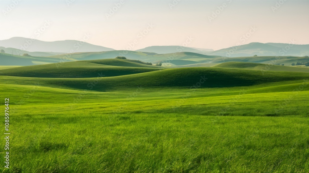 Rolling Green Hills: Capturing the essence of tranquility, rolling green hills stretch endlessly under a hazy sky, offering a serene and inspiring vista. Rolling Green Hills: Capturing the essence of tranquility, rolling green hills stretch endlessly under a hazy sky, offering a serene and inspiring vista.