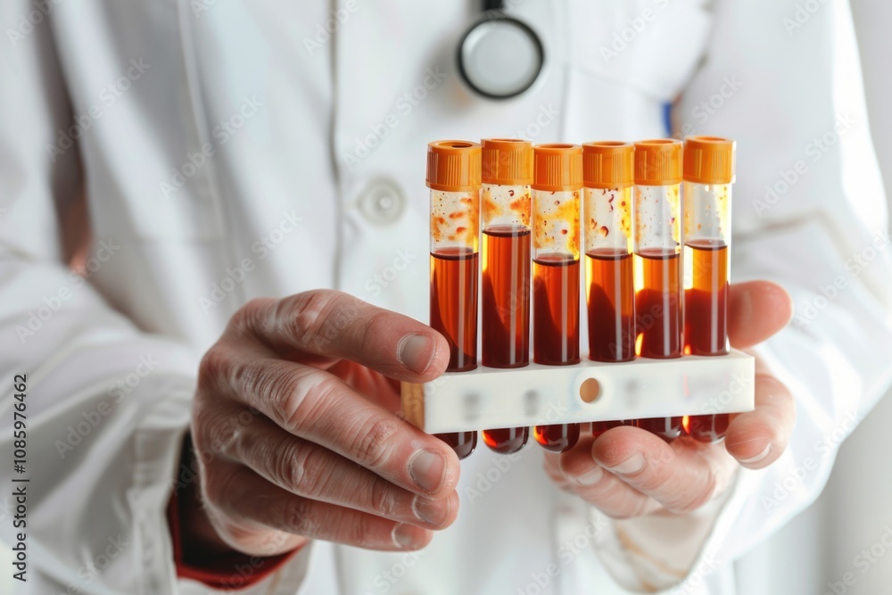 A scientist holds a rack of test tubes, ready for experimentation A scientist holds a rack of test tubes, ready for experimentation