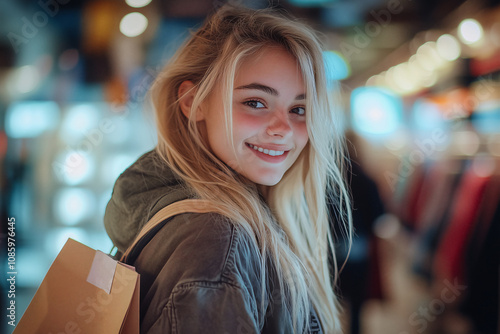 Wallpaper Mural Young pretty blonde girl at indoor with shopping bags Torontodigital.ca