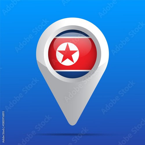 North Korea Flag Map Icon. Glossy icon. 3D