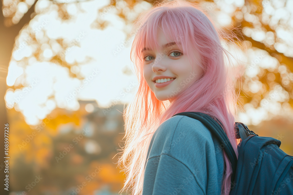 Young Pretty pink-haired girl at outdoors with a student backpack Young Pretty pink-haired girl at outdoors with a student backpack