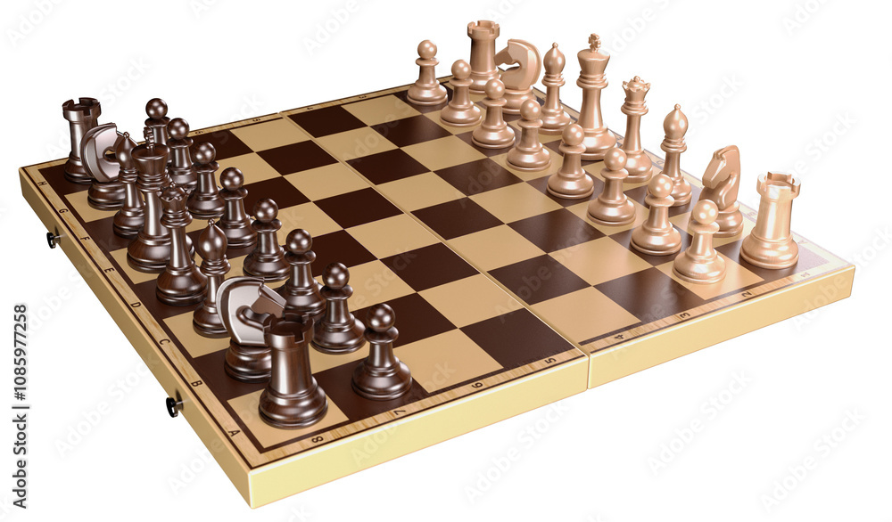 Chess pieces on the board in the starting position. Isolated. Transparent background. 3D Rendering. Chess pieces on the board in the starting position. Isolated. Transparent background. 3D Rendering.